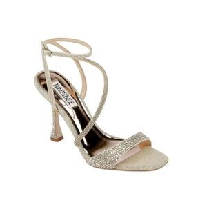 Badgley Mischka Sally Curvy Heel Stiletto Sandal Gemstone Plantino Gold NEW 10